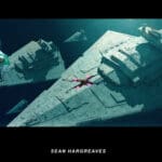 Illustration of Imperial Star Destroyers and X-wing Starfighters on a starry backround.