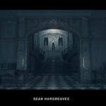 Illustration of a gothic room. View into a wide staircase with black and white checkered floors. Gilded framing covers the walls. Three statues sit in the wall at the top of the staircase.