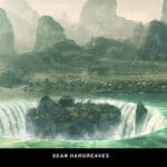 Illustration of a large mountainous region with a body of water at the bottom. A sinkhole containing a section of land sits in the water.