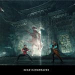 Illustration of two figures, about to engage in a fight, with two dragon-like monsters doing the same in the background. The background also contains a Japanese architecture-inspired wall.