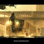 Illustration of Spiderman holding two cars covered in webs up above an approaching subway train.