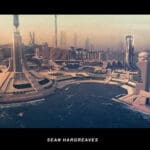 Illustration of a futuristic city on an ocean coast during sunset.