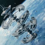 Illustration of three large space stations orbiting a blue planet, with smaller ships scattered below