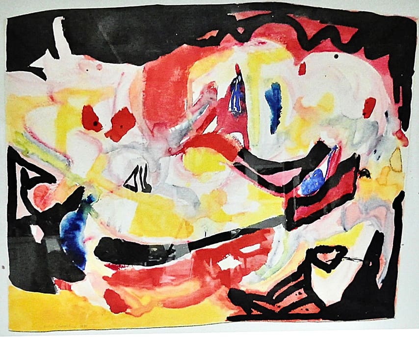 Abstract watercolor painting by Janice Charach, featuring bold, fluid shapes in red, yellow, and black.