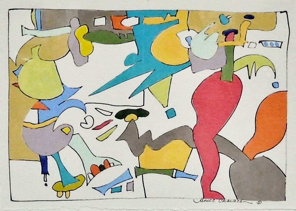 Abstract watercolor and ink drawing by Janice Charach, featuring smooth, biomorphic shapes in red, teal, yellow, and pastel tones.