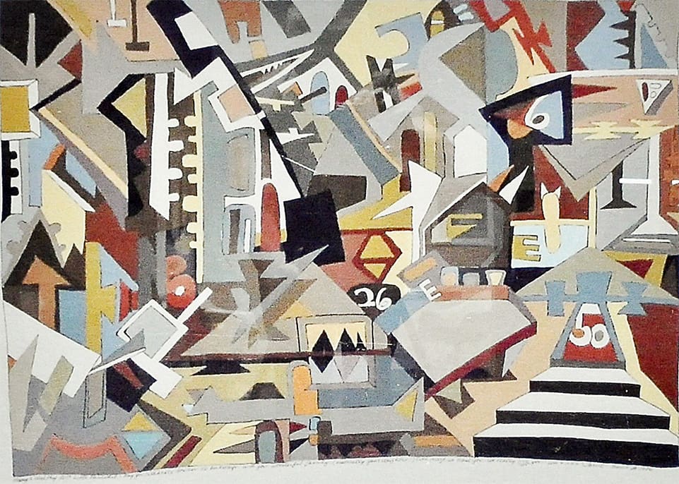 A complex, hard-edge abstract painting by Janice Charach, composed of interlocking geometric shapes in muted and earthy colors.