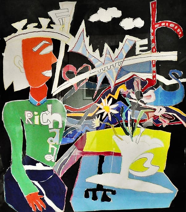 Abstract painting by Janice Charach composed of biomorphic, cut-out shapes with clean black outlines in a bright palette of red, yellow, teal, and lavender.