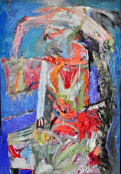 An untitled, raw oil on canvas painting by Janice Charach from 1987. The composition is built up with thick impasto, dominated by a vertical, chaotic figure in orange, red, and yellow-green brushstrokes, partially outlined in black and set against a saturated cobalt blue field.