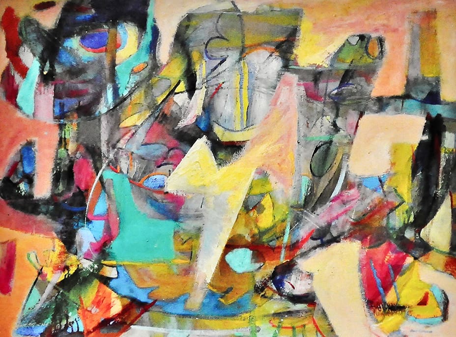 Abstract expressionist painting by Janice Charach featuring dense, layered brushwork and a dark, multi-colored palette with strong accents of yellow, turquoise, and red.