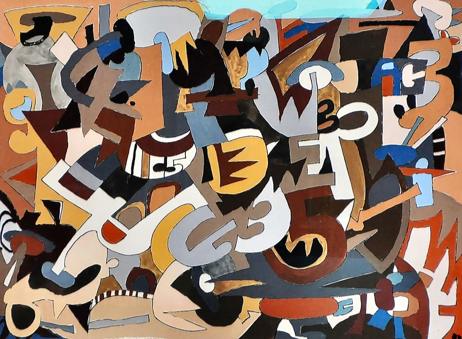 Dense, complex abstract painting by Janice Charach composed of overlapping, organic shapes that resemble letters and numbers in a palette of browns, grays, black, and tan.