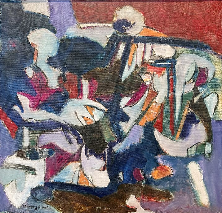 Abstract painting by Janice Charach featuring thick, expressive brushstrokes and biomorphic forms in a dramatic, dark palette of blues, purples, and deep reds.