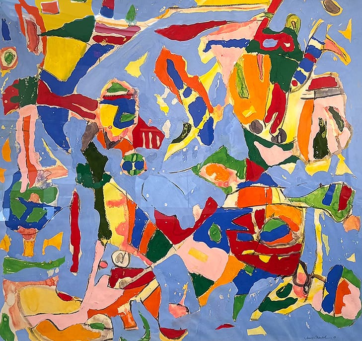 Large, colorful abstract painting by Janice Charach featuring overlapping, simplified figures and shapes floating on a vibrant, light blue background.
