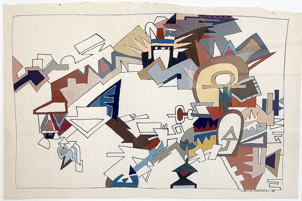 Abstract geometric painting by Janice Charach composed of sharp, interlocking forms in a subdued palette of tans, browns, grays, and deep blues on white paper.