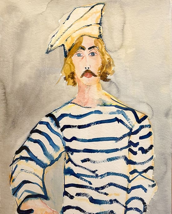 Watercolor portrait by Janice Charach of a fair-skinned male figure with a mustache and a blond wig, wearing a blue and white striped sailor's shirt and a pointed yellow hat.