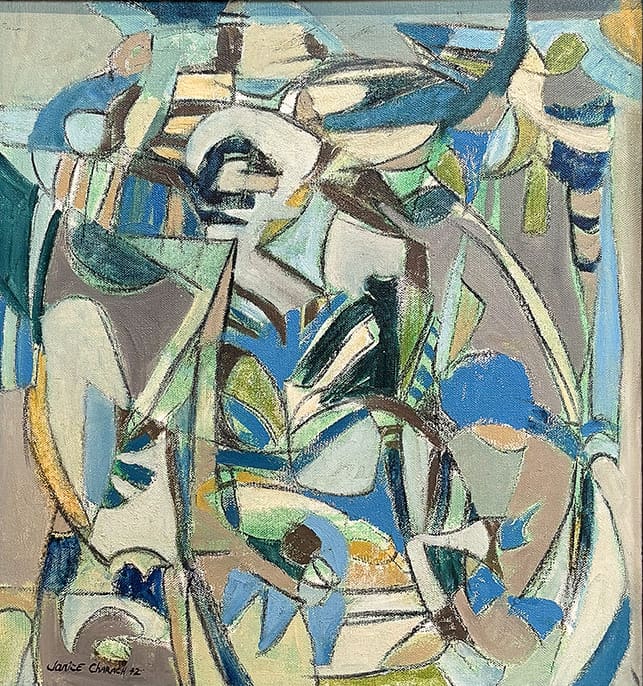 Abstract painting by Janice Charach featuring fragmented, intersecting shapes and lines in a cool, muted palette of blues, greens, beige, and gray.