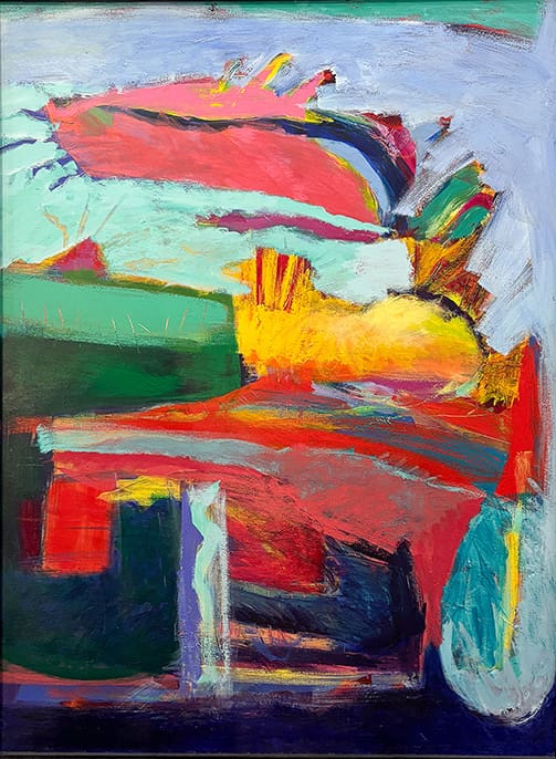 Abstract oil on canvas painting by Janice Charach, featuring highly textured, expressive blocks of vibrant red, yellow, and green, set against a light blue background.