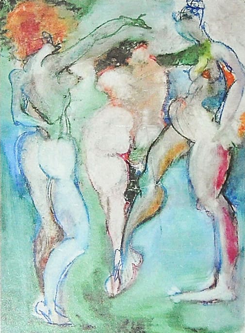 Figurative pastel drawing by Janice Charach depicting three dancing or intertwining nude female figures in a loose, expressionistic style on a green and blue background.
