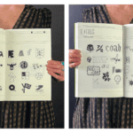 An open book displaying grids of various black-and-white logos and abstract symbols.