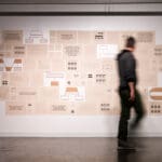 Wide shot of an expansive gallery wall installation featuring a grid of graphic prints and wooden elements, with a motion-blurred figure walking past.