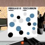 A virtual retro living room displaying a floating "Persuasive Percussion" album cover.