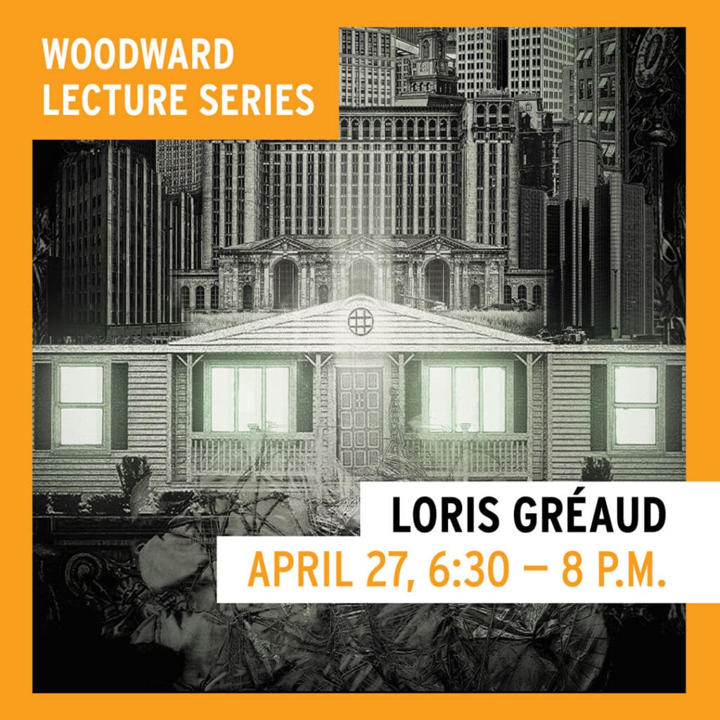 Promotional graphic for the Woodward Lecture Series: Loris Gréaud.