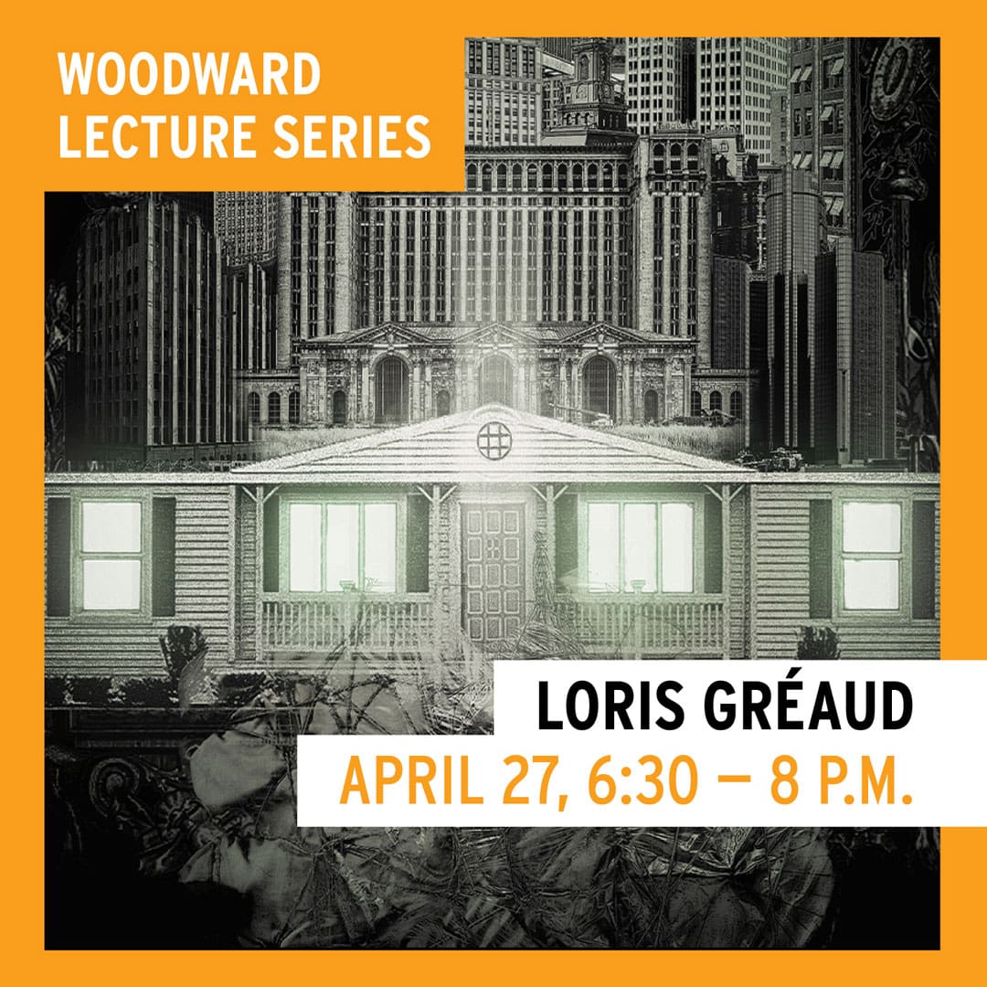 Promotional graphic for the Woodward Lecture Series: Loris Gréaud.