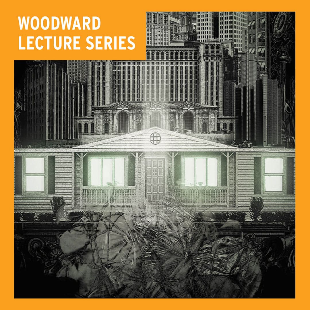 A square graphic for the "Woodward Lecture Series" featuring a surreal, black-and-white architectural collage set against a bold orange border. The top-left corner contains the text "WOODWARD LECTURE SERIES" in white, sans-serif capital letters. The central artwork depicts a single-story suburban house or modular home with glowing windows, superimposed over a backdrop of dense, historic city skyscrapers