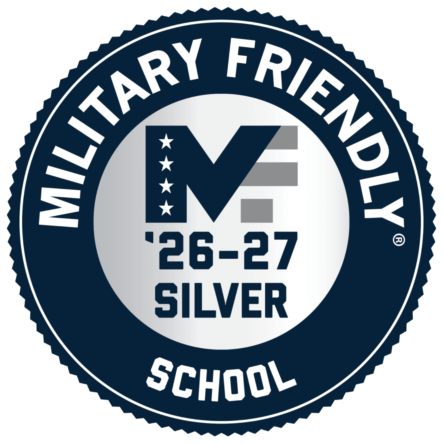 badge that says "Military Friendly '26-27 silver school"