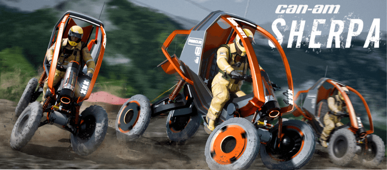 Concept rendering of three "Can-Am Sherpa" rescue vehicles designed by Kirtish Gaood. The vehicles are orange and black, single-seat off-roaders with high-travel suspension and a protective roll cage. They are shown in motion, kicking up dust on a rugged trail, with riders in yellow flight suits and helmets.