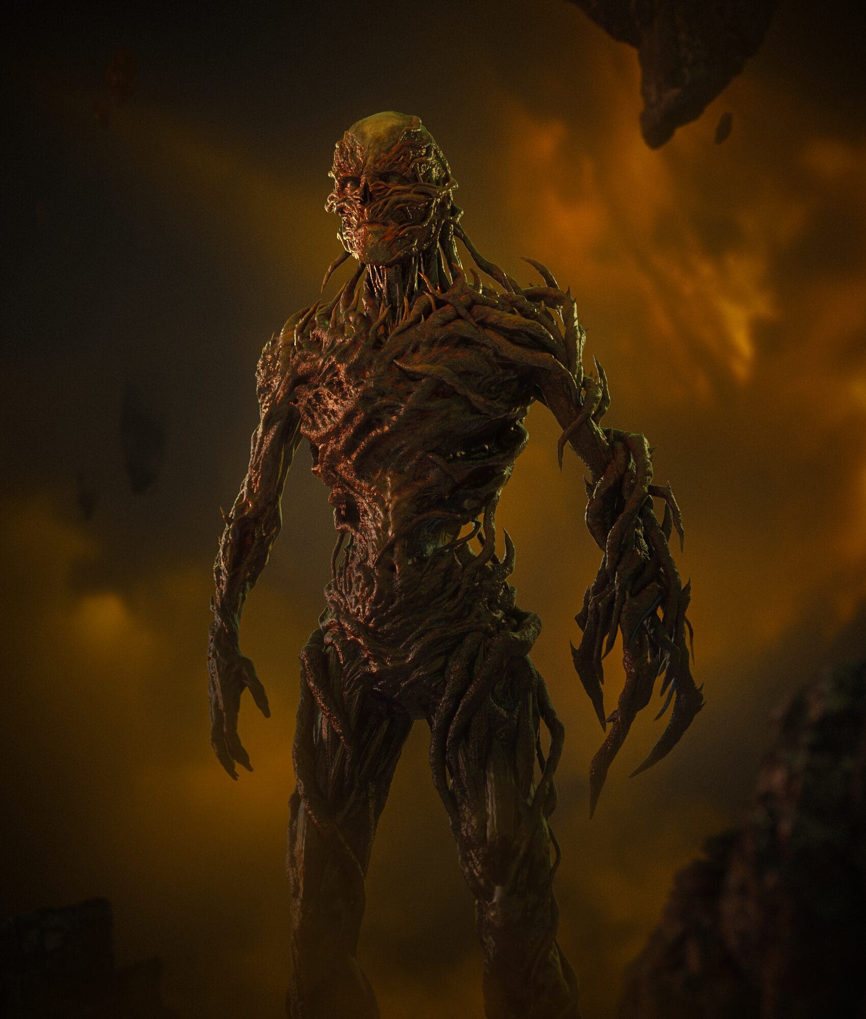 Michael Maher Jr.'s Concept of Vecna 2.0 (Stranger Things 5) A full-body shot of Vecna from Stranger Things, a humanoid creature covered in a mass of dark, root-like tendrils. His left hand is elongated with sharp, clawed fingers. He stands menacingly against a foggy, glowing orange and yellow background with floating rocks.