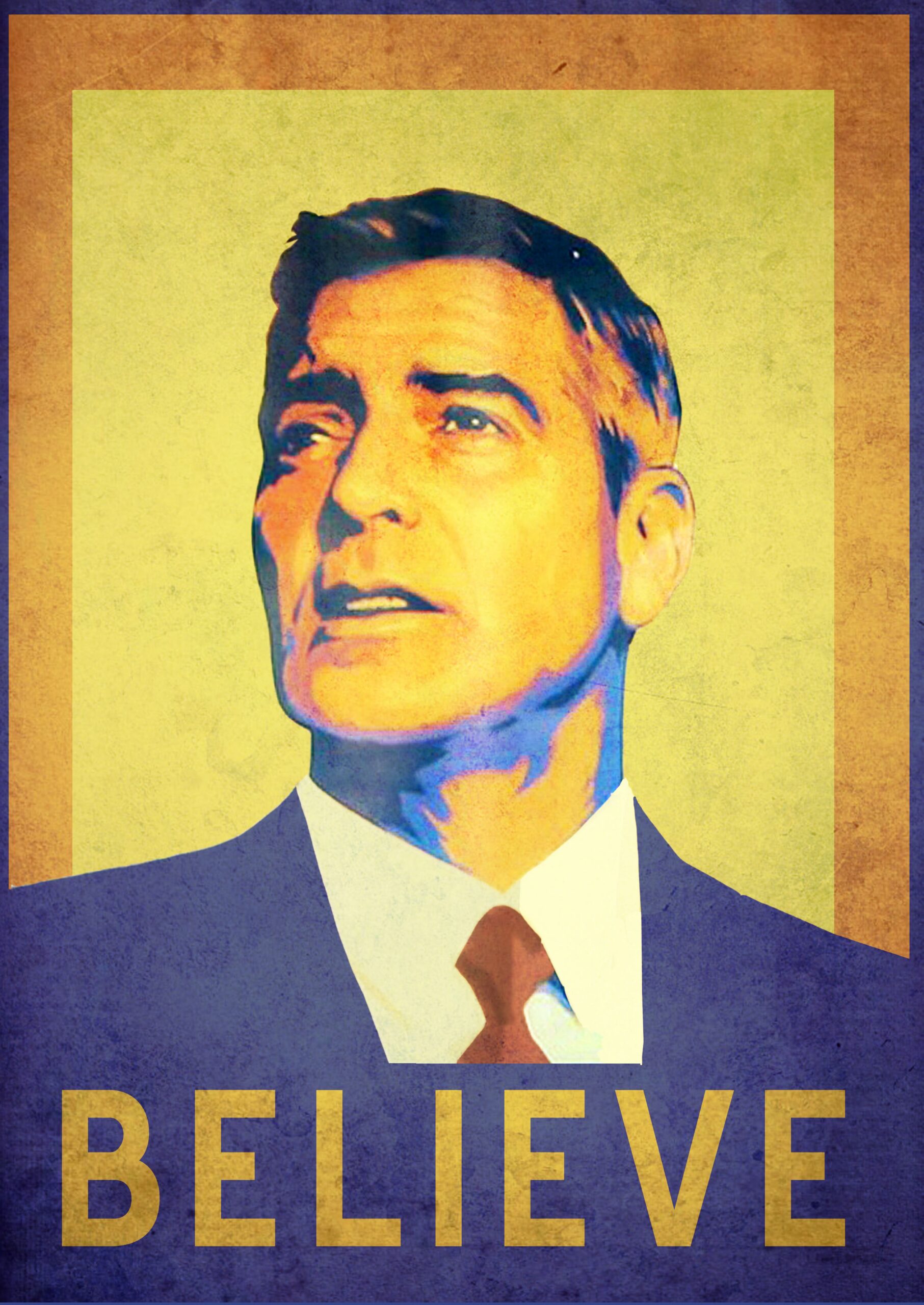 JPEG image A medium shot of Ryan Gosling as Stephen Meyers in "The Ides of March," standing stoically in a crowded campaign rally. Behind him, supporters hold various political prop posters designed by Michael Maher Jr., featuring George Clooney's character, Mike Morris, with slogans like "Believe" and "I Like Mike."