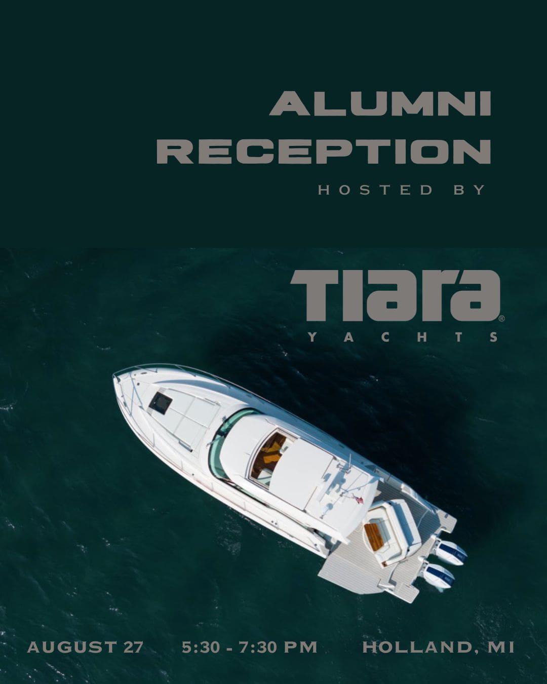 A promotional graphic for the CCS Alumni Reception by Tiara Yachts