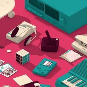 Motion Design that depicts a pink backdrop with various turquoise, maroon, and cream colored retro objects and technology.