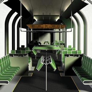 Transit Design. Interior of a subway train with green seats.