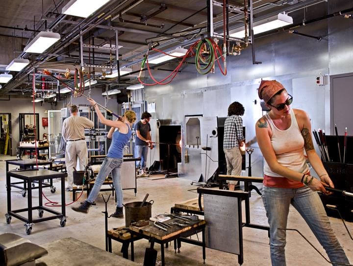students working in the kresge ford glassblowing studio
