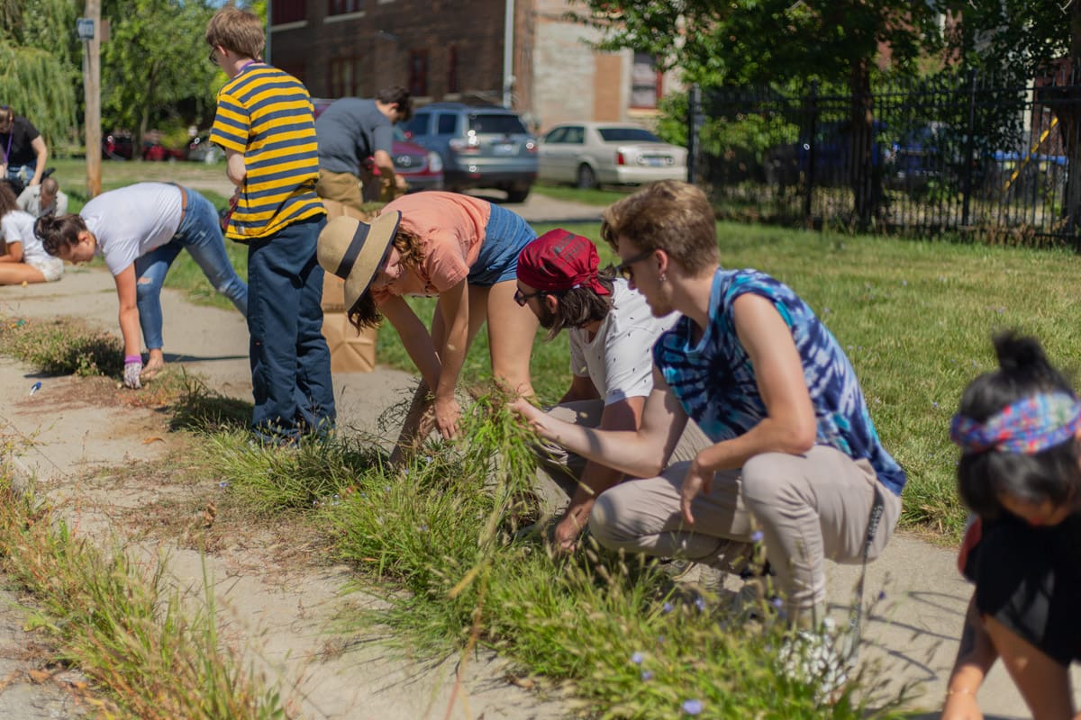 Students pulling weeds out from a public sidewalk as an act of community service
