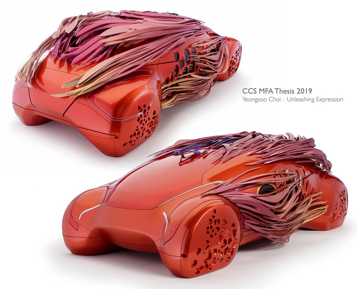 two different angles of a red vehicle with a layered pattern chrome piece on the top and side