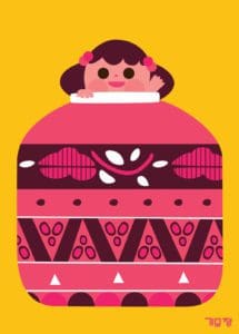 Illustration of a young girl peeking and waving out of a traditional pink Eastern Asian paper lamp on a yellow background.