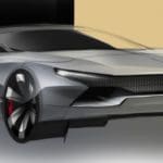 Sketch of a grey sportscar on a tan, black and grey background