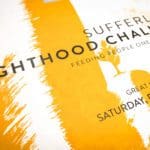 Close up photo of a yellow and white advertisement card with black text