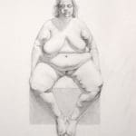 a plus size woman with her eyes closed sitting on a block
