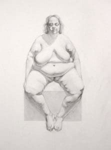 a plus size woman with her eyes closed sitting on a block