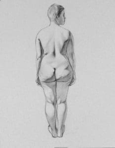 the backside of a nude figure with short hair