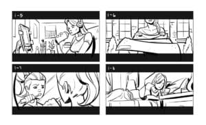 a woman drinking a beverage and then opening a package