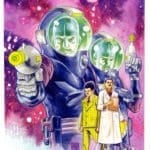 two men in full body violet suits holding ray guns