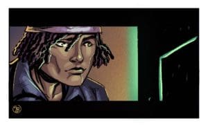 a figure with short curly hair wearing a blue collared shirt