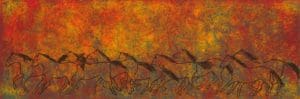 a team of horses running with a abstract red and blue background