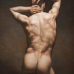 a nude figure touching the back of their head and facing away from the viewer