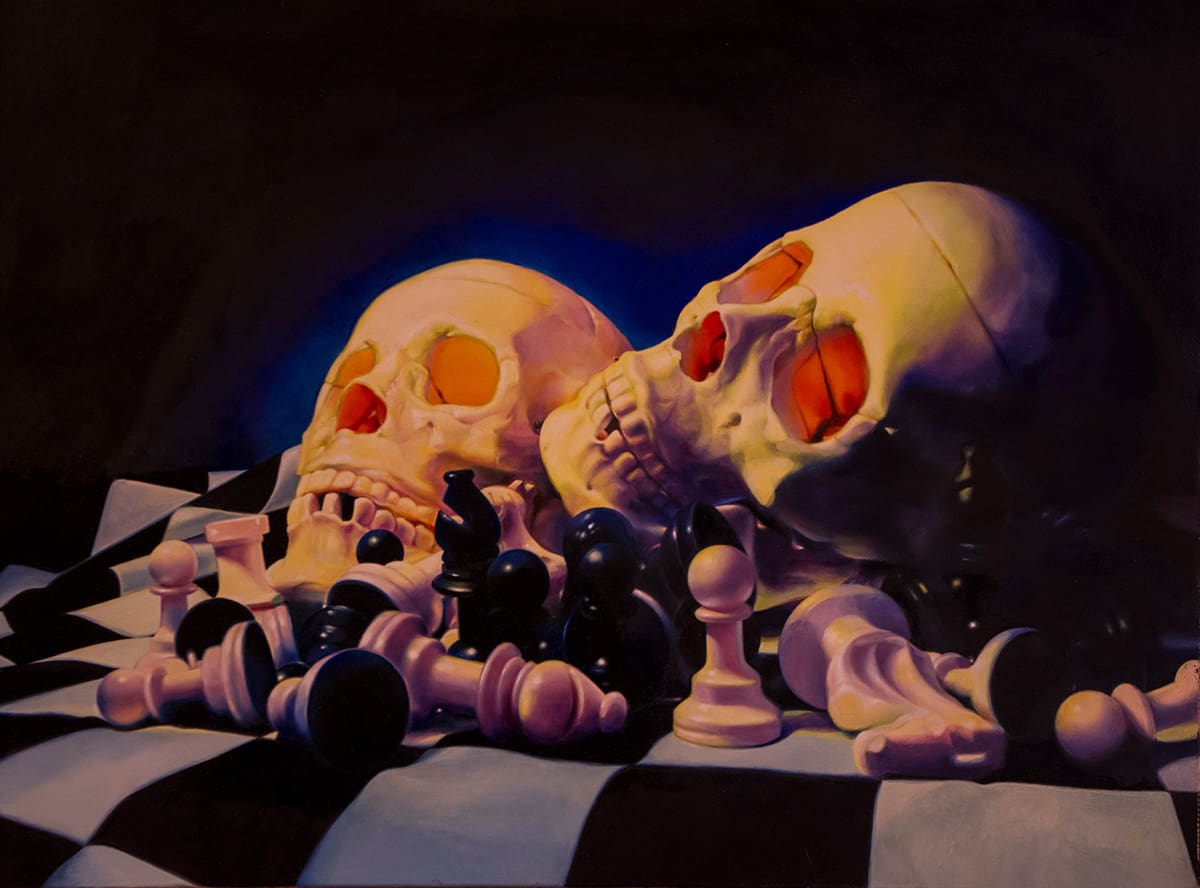 two skulls next chess pieces on top of a checkered cloth