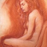 a nude woman with long curly hair sitting with her hands between her legs